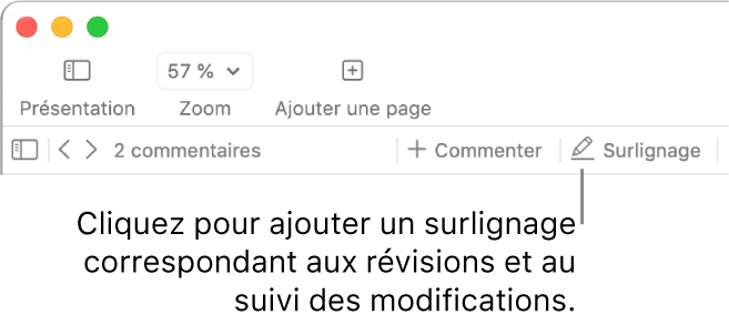 La barre des menus affichant le menu Insertion et en dessous, la barre d’outils Pages avec des outils de révision et une légende du bouton Surligner.