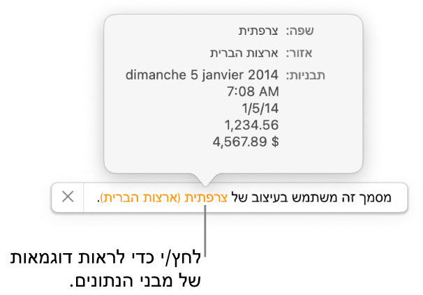 ההודעה לגבי הגדרת השפה והעיצוב השונים, עם דוגמאות של העיצוב בשפה זו ובאזור זה.