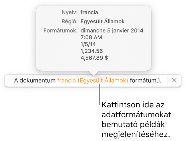 Értesítés az eltérő nyelvi és regionális beállításokról, és látható néhány példa az adott nyelvre és régióra jellemző formátumokra.