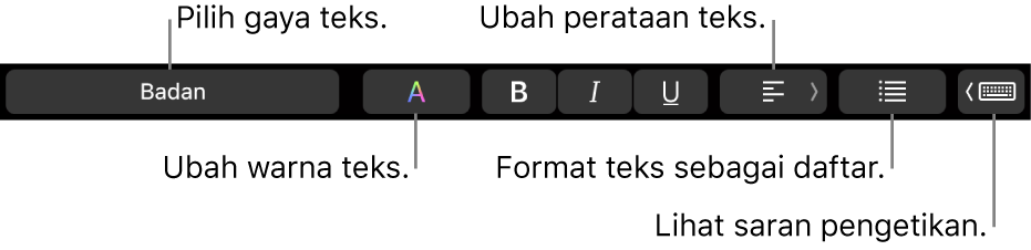 Touch Bar MacBook Pro dengan kontrol untuk memilih gaya teks, mengubah warna teks, mengubah perataan teks, memformat teks sebagai daftar, dan menampilkan saran pengetikan.