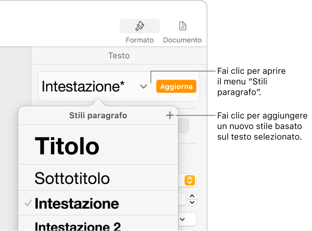 Il menu “Stili Paragrafo”, in cui vengono visualizzati i controlli per aggiungere o modificare uno stile.