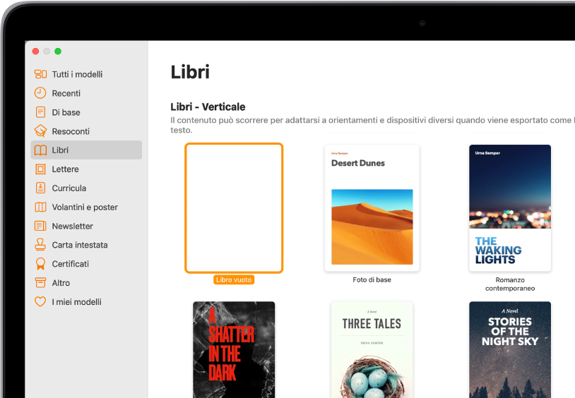 “Scelta modelli” con la categoria Libri selezionata nell'elenco delle categorie sulla sinistra e modelli per libri con orientamento verticale sulla destra.