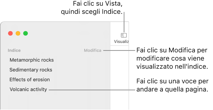 L'indice sul lato sinistro della finestra di Pages, con un pulsante Modifica nell'angolo superiore destro della barra laterale e le voci dell'indice in un elenco. Il pulsante Vista si trova nell'angolo superiore sinistro della barra degli strumenti di Pages, sopra alla barra degli strumenti.