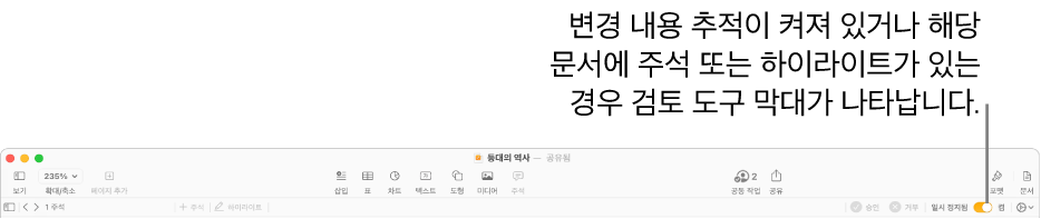 변경 내용 추적이 켜진 Pages 도구 막대 및 그 아래에 있는 검토 도구 막대.