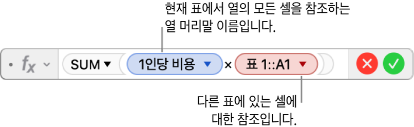 한 표의 열 및 다른 표의 셀을 참조하는 공식을 보여주는 공식 편집기.