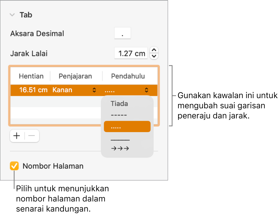 Bahagian Tab daripada bar sisi Format. Di bawah Jarak Lalai adalah jadual dengan lajur Hentian, Penjajaran dan Petunjuk. Kotak semak Nombor Halaman muncul sebagai dipilih dan muncul di bawah jadual.