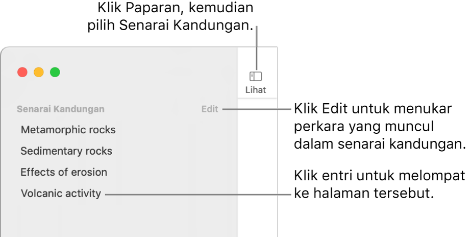 Senarai kandungan pada sebelah kiri tetingkap Pages dengan butang Edit di penjuru kanan atas bar sisi dan entri senarai kandungan dalam senarai.