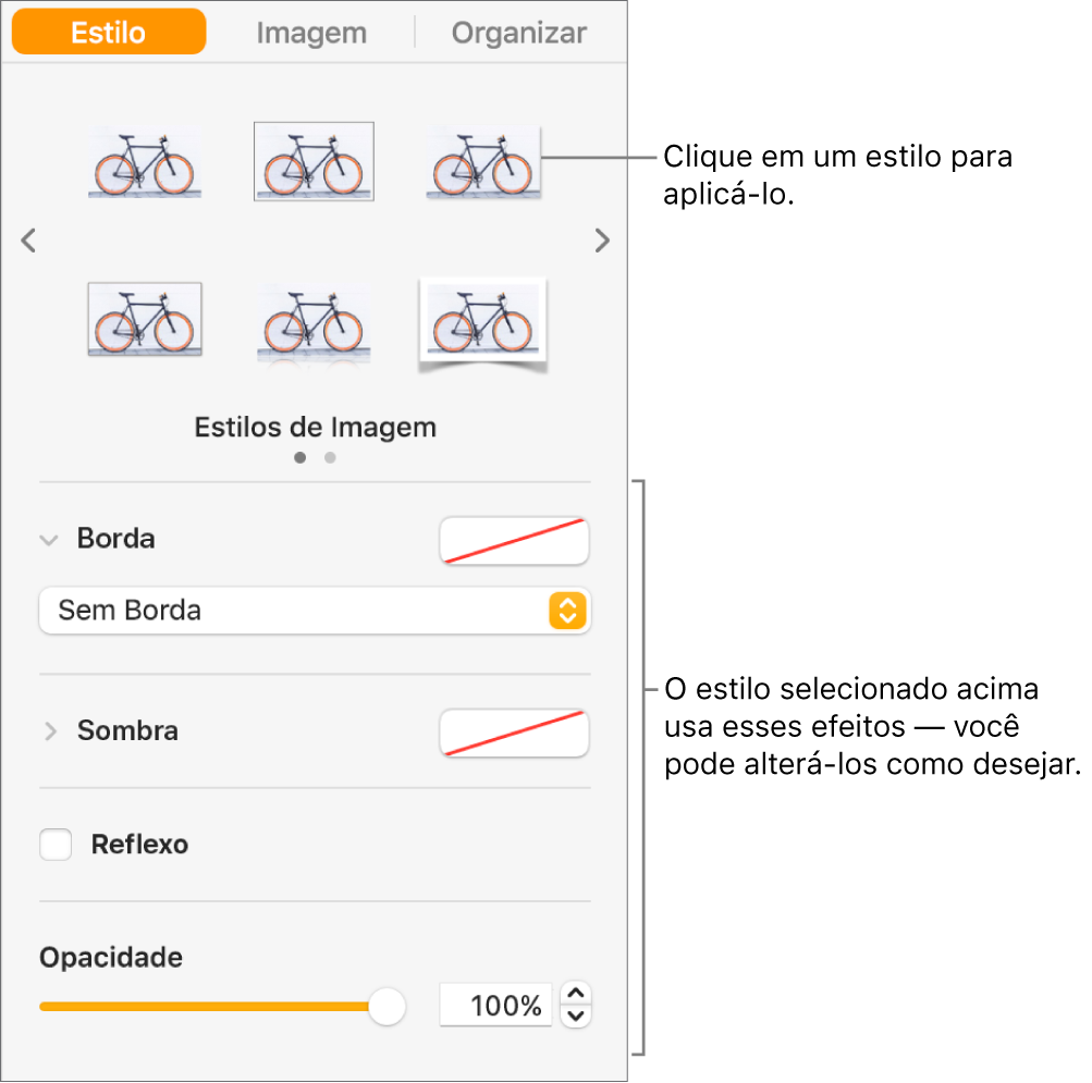 Aba Estilo, na barra lateral Formatar, mostrando opções de estilo de objeto.