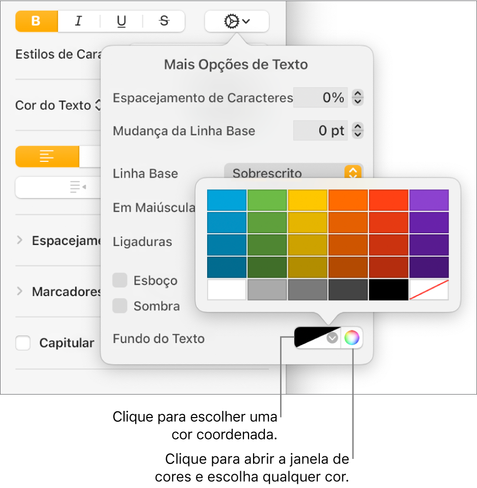 Controles para escolher uma cor de fundo para o texto.