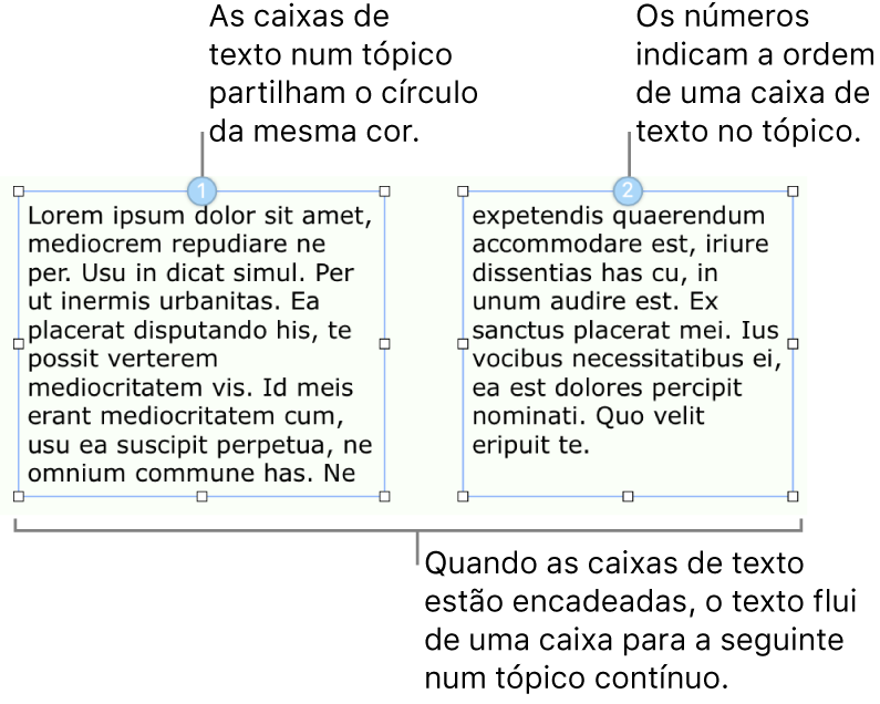 Duas caixas de texto com círculos azuis na parte superior e os números 1 e 2 nos círculos.