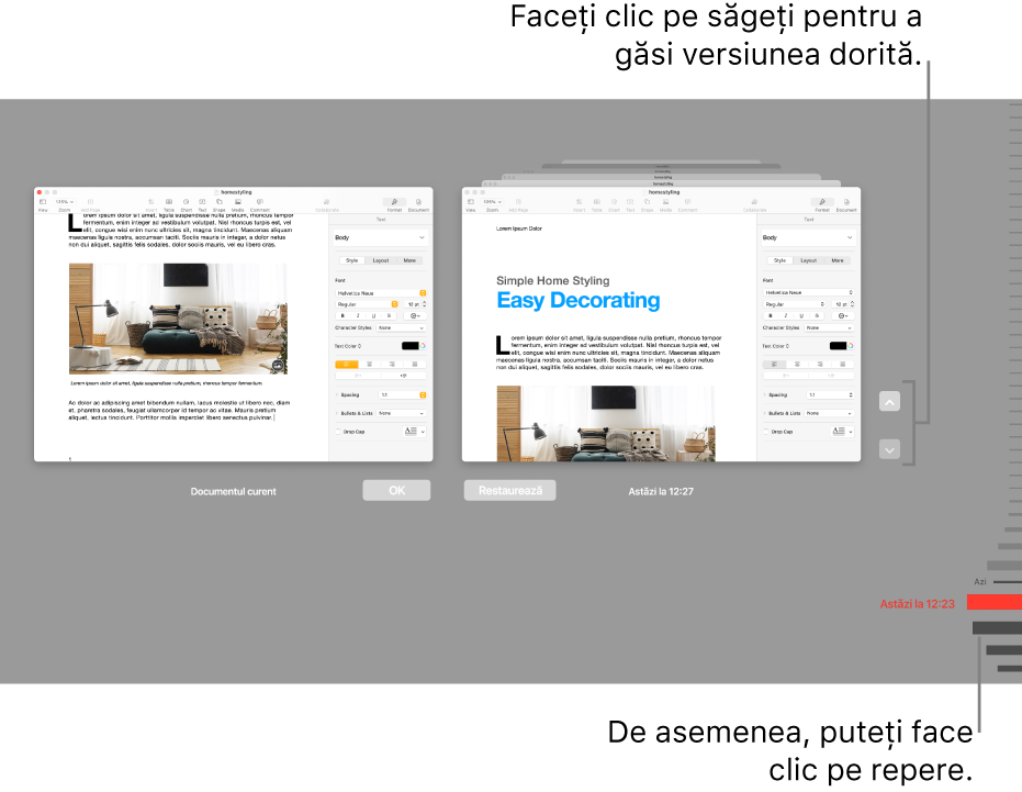 Cronologia versiunilor, afișând versiunea curentă în stânga și o versiune recentă în dreapta.