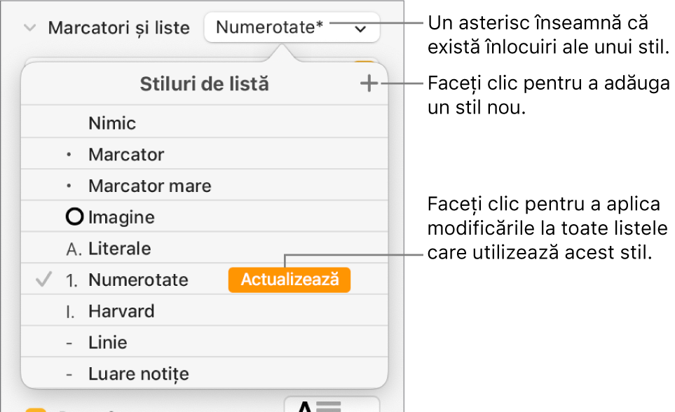 Meniul pop-up Stiluri listă cu un asterisc care indică o suprareglare și explicații la butonul Stil nou, precum și opțiuni pentru gestionarea stilurilor.