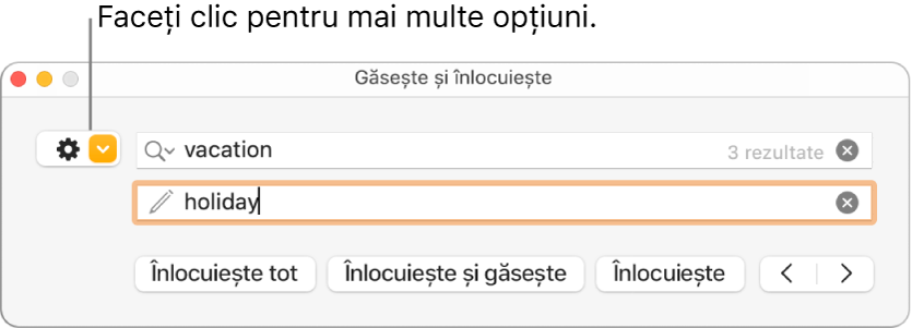 Fereastra Găsește și înlocuiește, cu o explicație pentru meniul pop-up care afișează mai multe opțiuni.