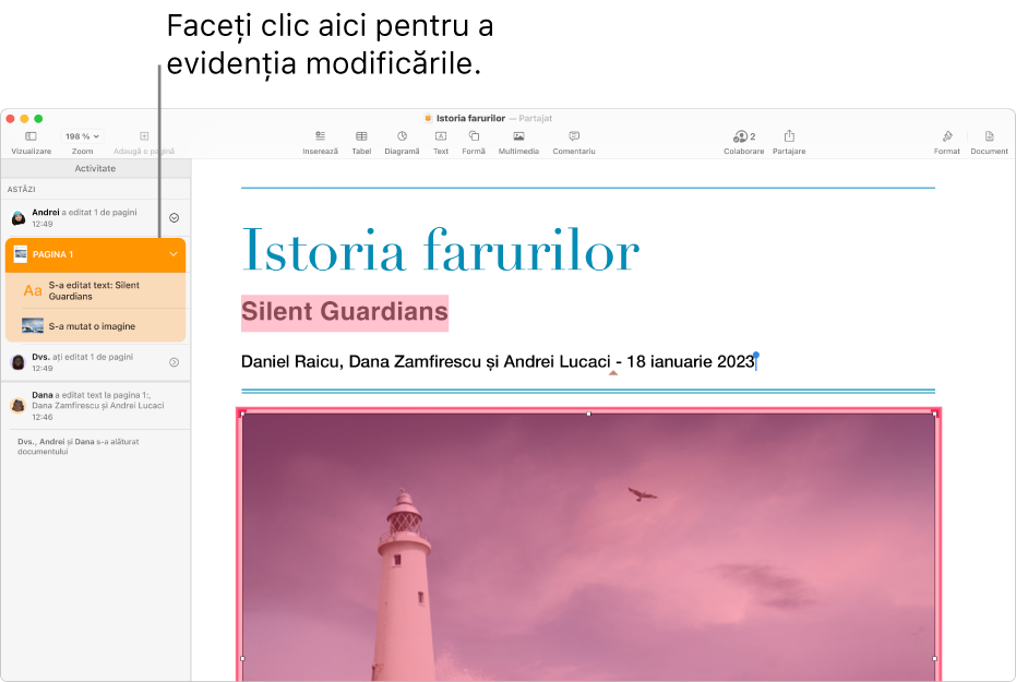 Un document colaborativ având deschise meniul pentru colaborare și lista de activități.