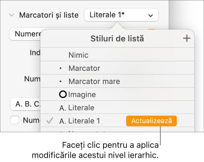 Meniul pop-up Stiluri de listă, cu un buton Actualizează lângă numele noului stil.