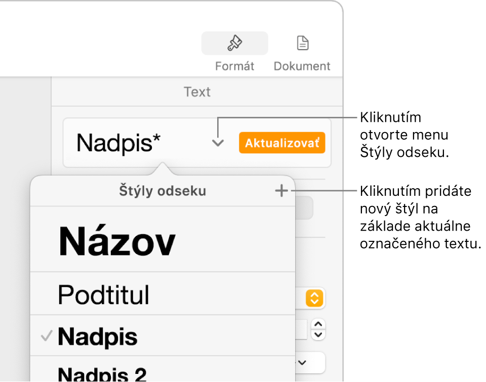 Menu Štýly odseku zobrazujúce ovládacie prvky na pridanie alebo zmenu štýlu.