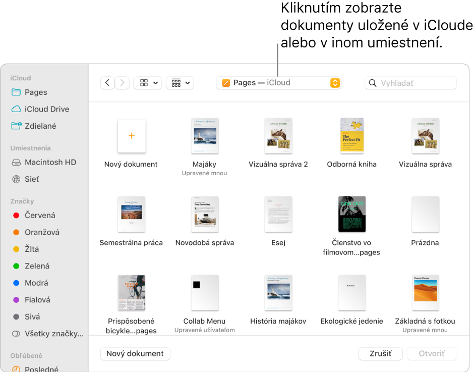 Dialógové okno Otvoriť s postranným panelom naľavo a iCloud Drive vybraný vo vyskakovacom menu navrchu. Priečinky pre Keynote, Numbers a Pages sa objavia v dialógovom okne spolu s tlačidlom Nový dokument.