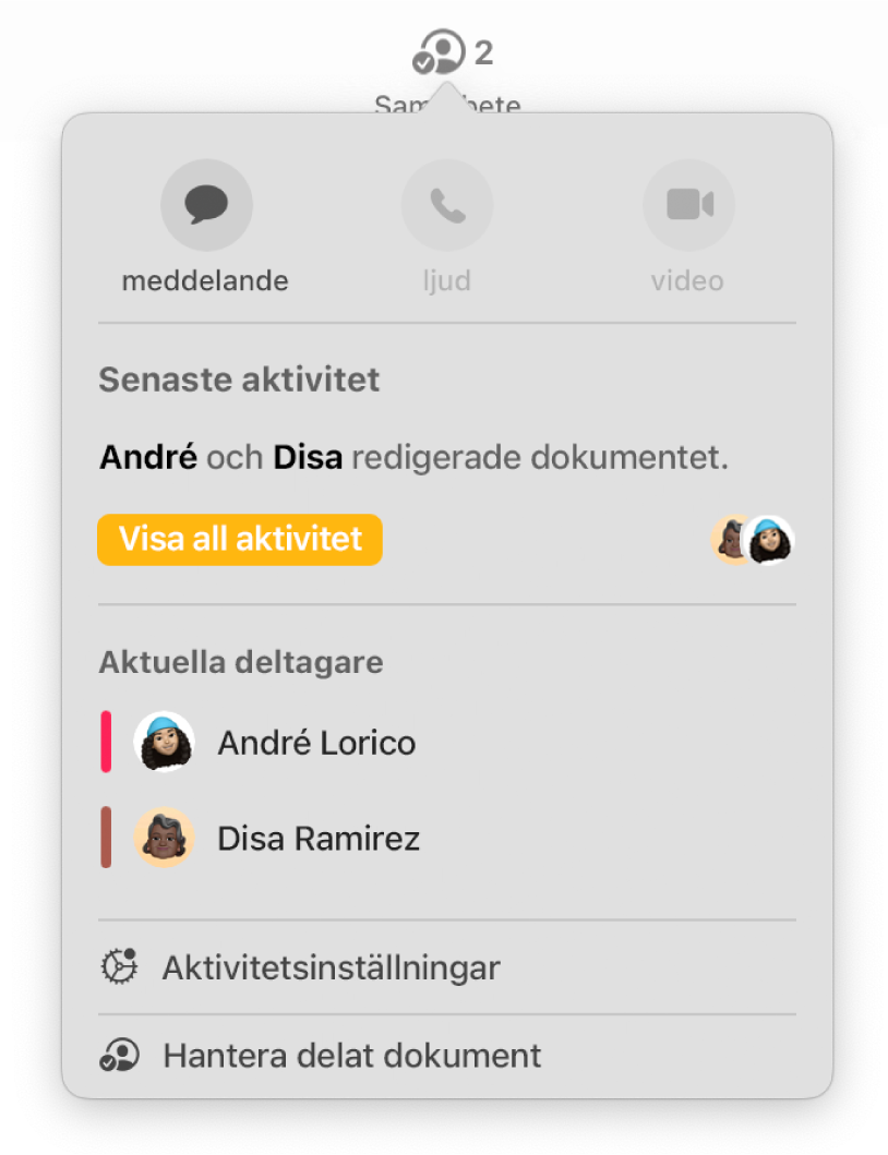 Samarbetsmenyn med namnen på de personer som samarbetar på dokumentet.