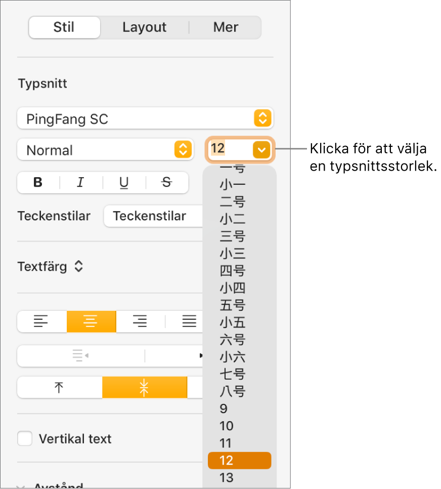 Avsnittet Stil i formatsidofältet med popupmenyn för typsnittsstorlek öppen. De myndighetsstandardiserade typsnittsstorlekarna för fastlandskina visas högst upp i popupmenyn och punktstorlekarna under dem.