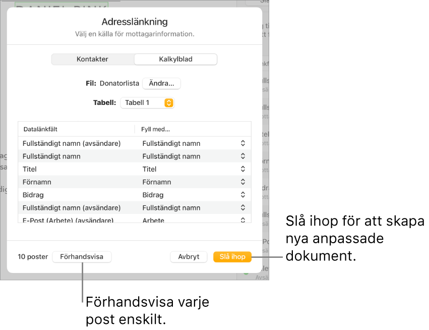 Adresslänkningspanelen är öppen med alternativ ändra källfil eller -tabell, förhandsvisa datalänkfältsnamn eller enskilda poster eller länka dokumentet.