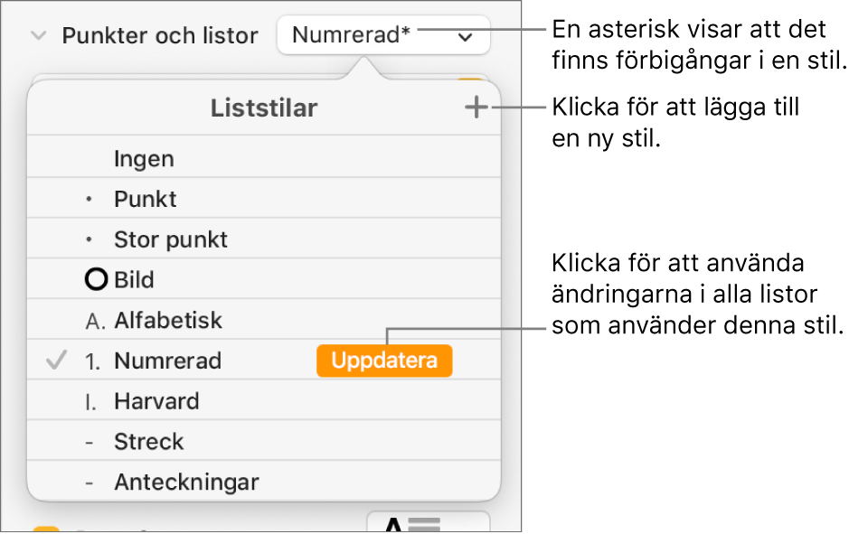 Popupmenyn Liststilar med en asterisk som anger en förbigång, och pilar till knappen Ny stil och till en undermeny med alternativ för hantering av stilar.