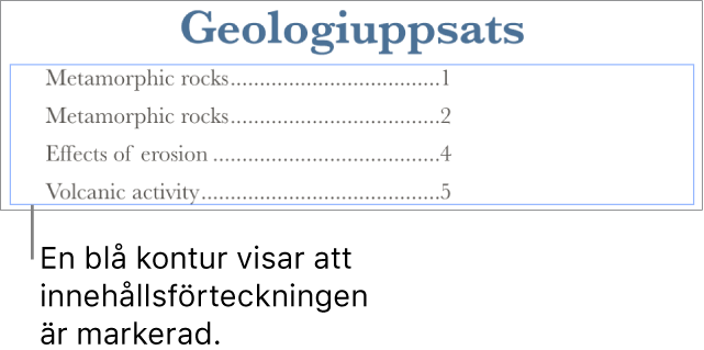 En innehållsförteckning infogad i ett dokument. Posterna visar rubriker och deras sidnummer.