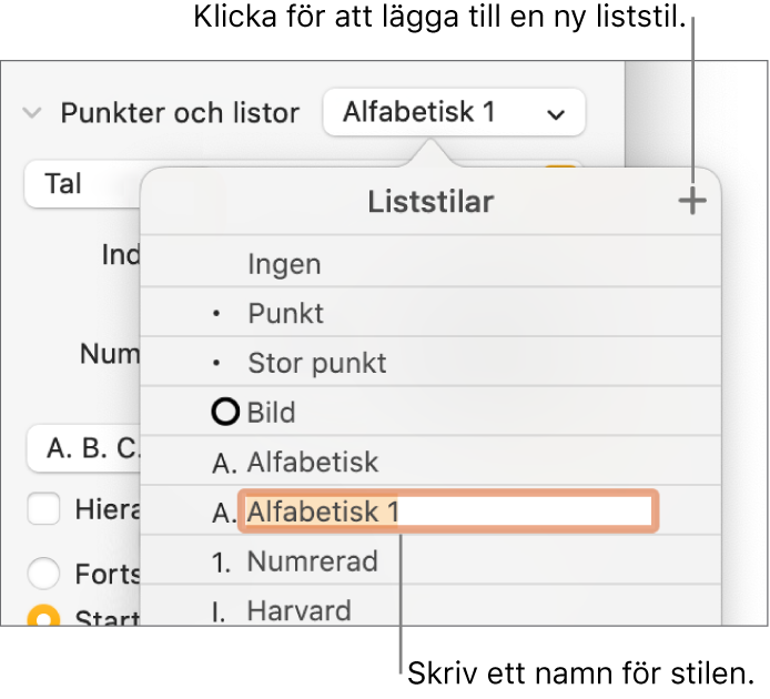 Popupmenyn Liststilar med en lägg till-knapp i det övre högra hörnet och ett platshållarstilnamn med markerad text.