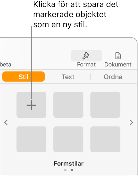 Fliken Stil i formatsidofältet med knappen Skapa stil i det övre vänstra hörnet och fem tomma stilplatshållare.