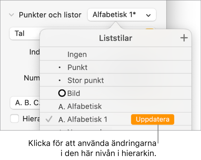 Popupmenyn Liststilar med knappen Uppdatera bredvid namnet på den nya stilen.