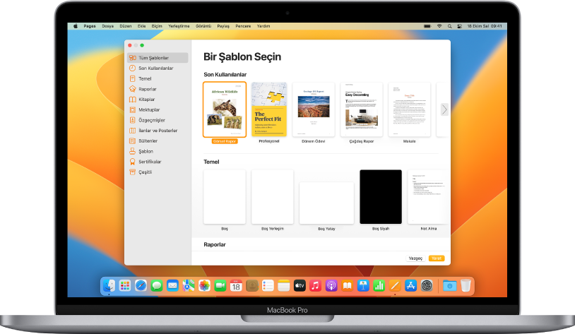 Ekranda Pages şablon seçicinin açık olduğu bir MacBook Pro. Sol tarafta Tüm Şablonlar kategorisi seçili, sağ tarafta ise kategoriye göre satırlar halinde önceden tasarlanmış şablonlar görünüyor.