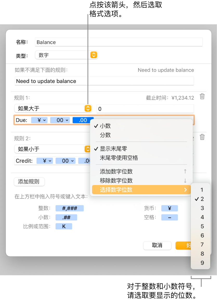 自定单元格式窗口，带有用于选取自定格式化选项的控制。