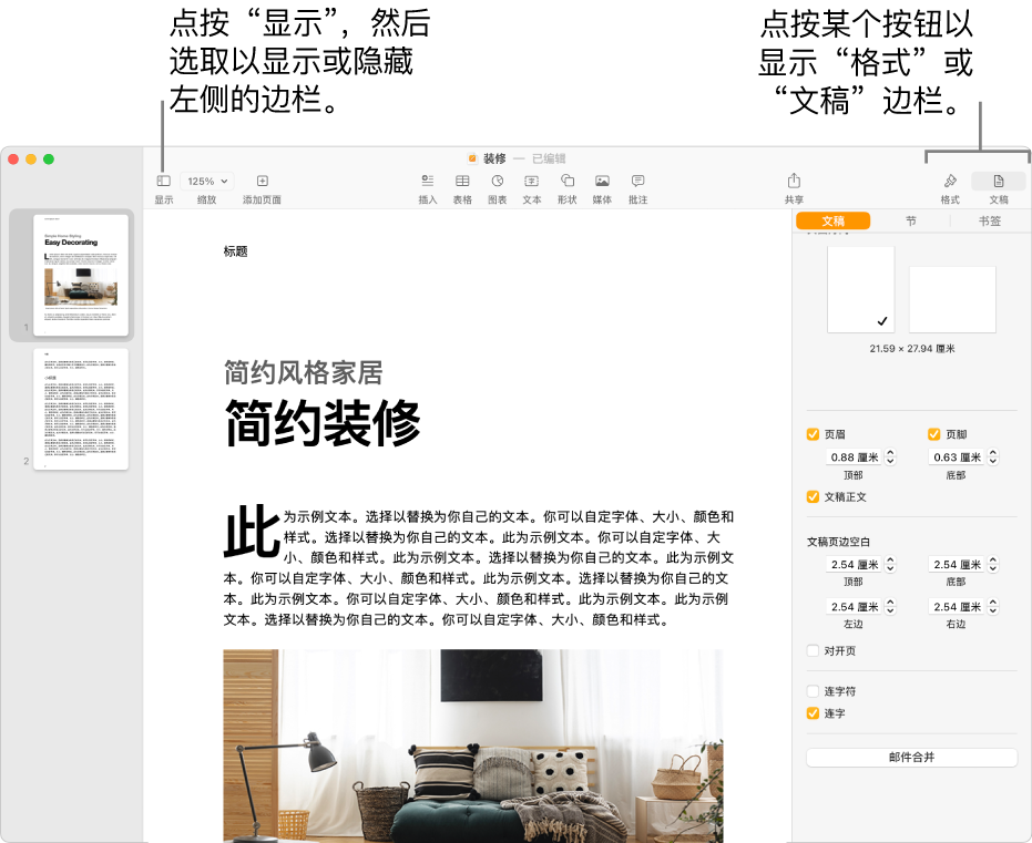 Pages 文稿窗口中带有标注框的“显示”菜单按钮，以及工具栏中的“格式”和“文稿”按钮。左侧和右侧的边栏均为打开状态。