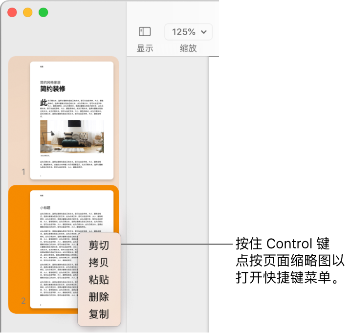 “页面缩略图”视图，其中一个缩略图被选中，快捷键菜单打开。