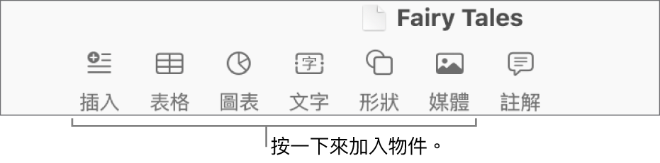 Pages 工具列帶有「表格」、「圖表」、「文字」、「形狀」和「媒體」按鈕。