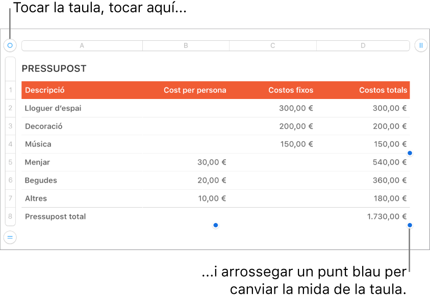 Una taula seleccionada, amb punt blaus per canviar-ne la mida.