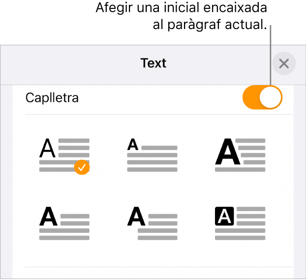 Els controls de Caplletra, ubicats a la part inferior del menú Text.