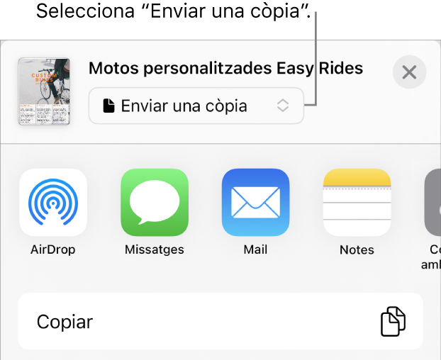Menú “Compartir” amb l’opció “Enviar una còpia” seleccionada a la part superior.