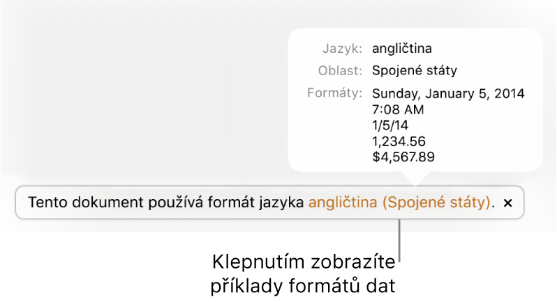 Upozornění na odlišné nastavení jazyka a oblasti s ukázkami formátování pro daný jazyk a oblast