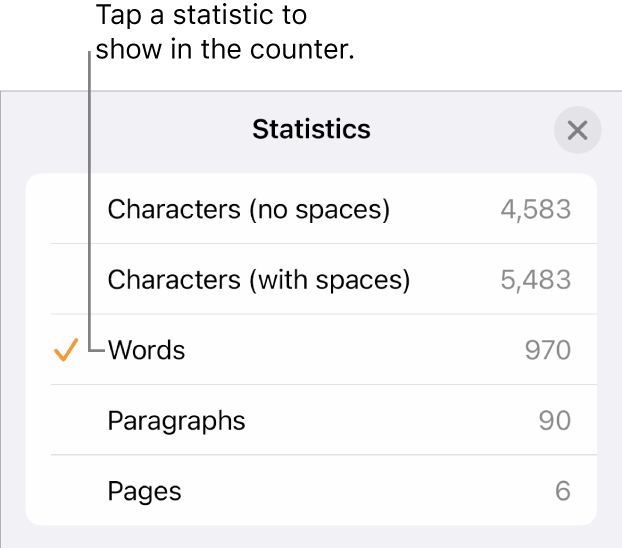 The Statistics menu showing options to show the number of characters without and with spaces, words count, paragraph count and page count.