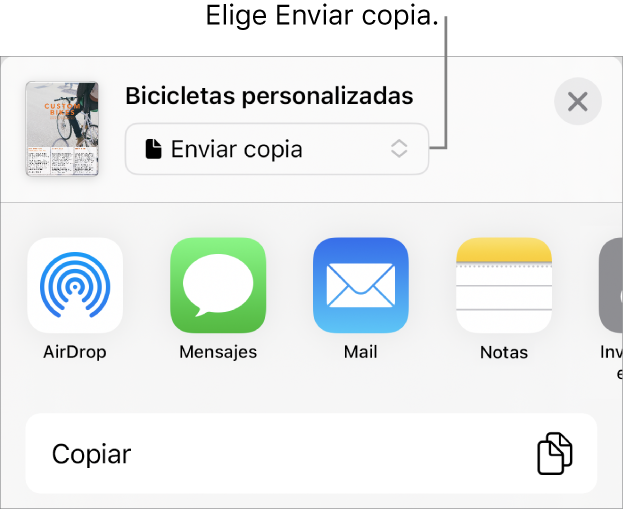 El menú Compartir con la opción Enviar copia seleccionada en la parte superior.