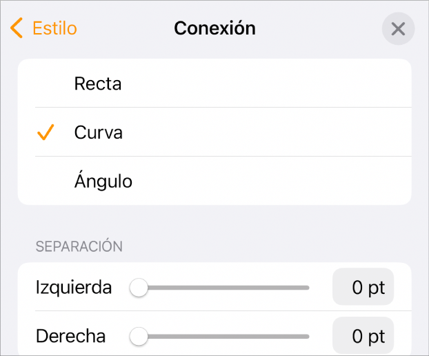 Los controles de Conexión con la opción Curva seleccionada.