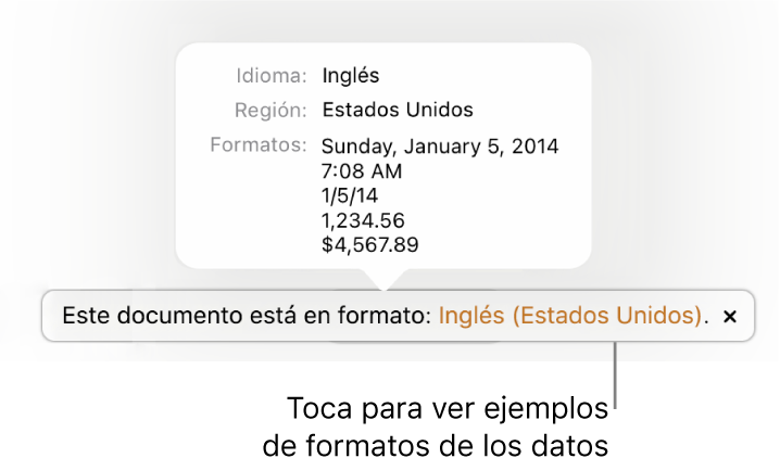 La notificación de la configuración de idioma y formato distinto, con ejemplos del formato en ese idioma y región.