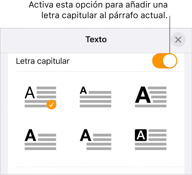 Los controles de “Letra capitular” situados en la parte inferior del menú Texto.