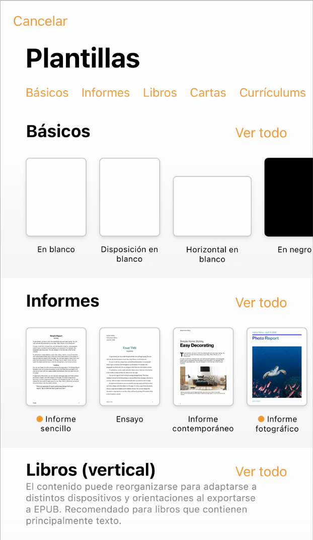 El selector de plantilla, mostrando una fila de categorías a lo largo de la parte superior en la que puedes tocar para filtrar las opciones. Debajo aparecen miniaturas de plantillas prediseñadas organizadas en filas por categorías, empezando por Nueva en la parte superior y seguida por Recientes y Básicas. Por encima y a la derecha de cada fila de categoría aparece un botón “Ver todo”. El botón “Idioma y región” se encuentra en la esquina superior derecha.