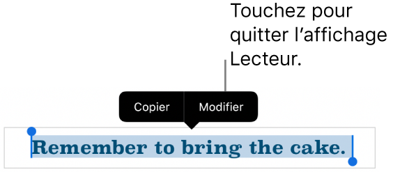 Une phrase est sélectionnée et au-dessus de celle-ci se trouve un menu contextuel avec les boutons Copier et Modifier.