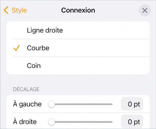 Les commandes Connexion avec l’option Courbe sélectionnée.