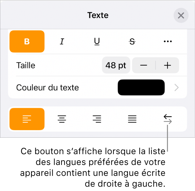 Les commandes de texte dans le menu Format avec une légende pointant vers le bouton « Droite à gauche ».