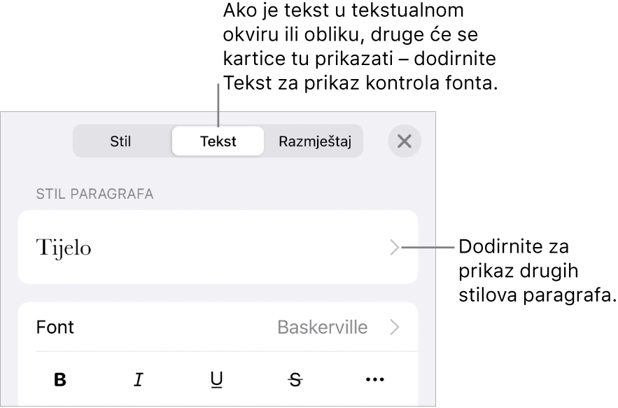 Izbornik Formatiraj s prikazom kontrola teksta za postavljanje paragrafa i stilova paragrafa, fonta, veličine i boje.