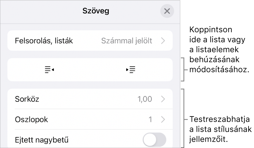 A Listastílusok szerkesztése menü a behúzás térköz, a listatípus és -formátum, a rétegezett számok és a sortávolság vezérlőivel.