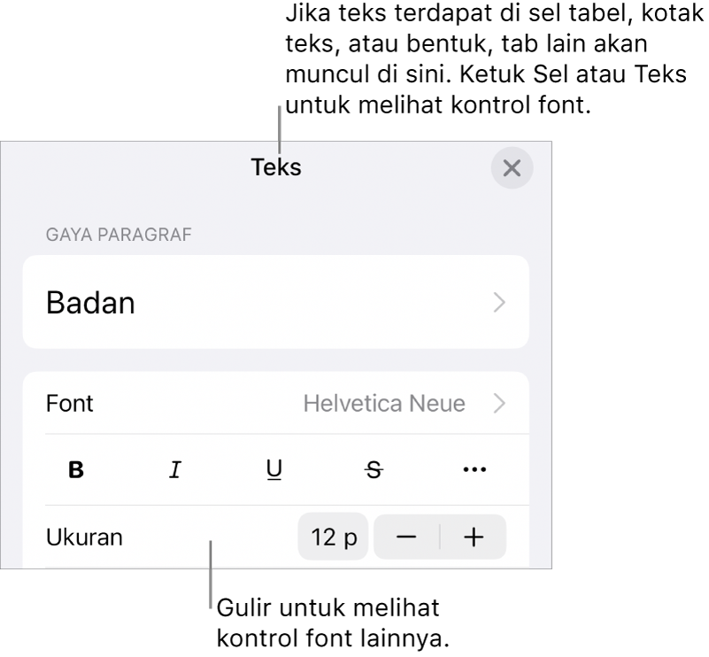 Kontrol teks di menu Format untuk mengatur paragraf dan gaya karakter, font, ukuran, dan warna.